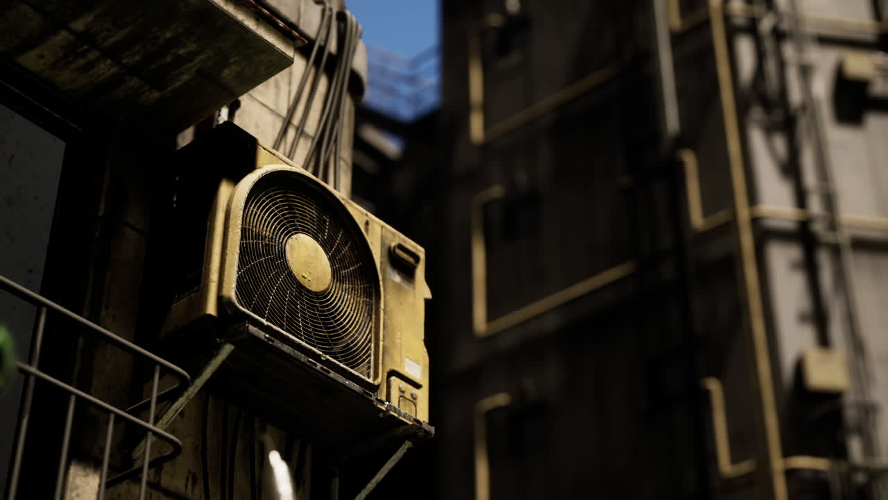 Old air conditioning unit on a building exterior in an urban environment