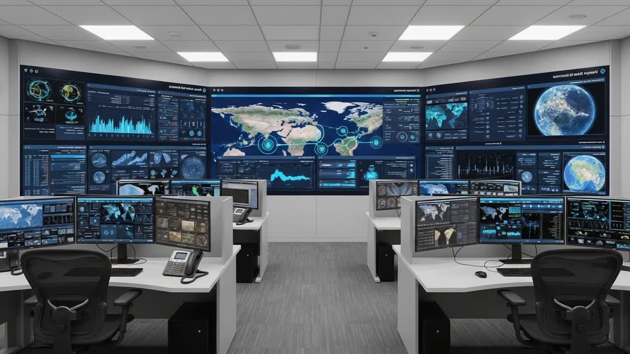 Advanced Control Room Showcasing High-Tech Monitoring Systems with Global Data Visualizations on Interactive Displays in a Modern Work Environment