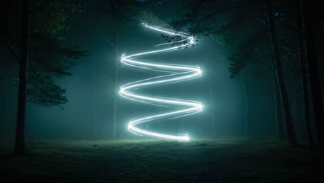 ethereal light spiral illuminated in a mystical forest: a captivating display of luminescence and nature's beauty shrouded in enigmatic fog