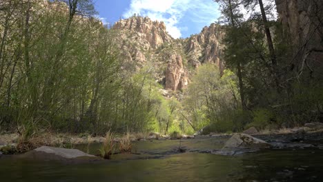 Low-angle-of-Gila-River-Gorge,-New-Mexico-with-steep-rocky-walls-behind