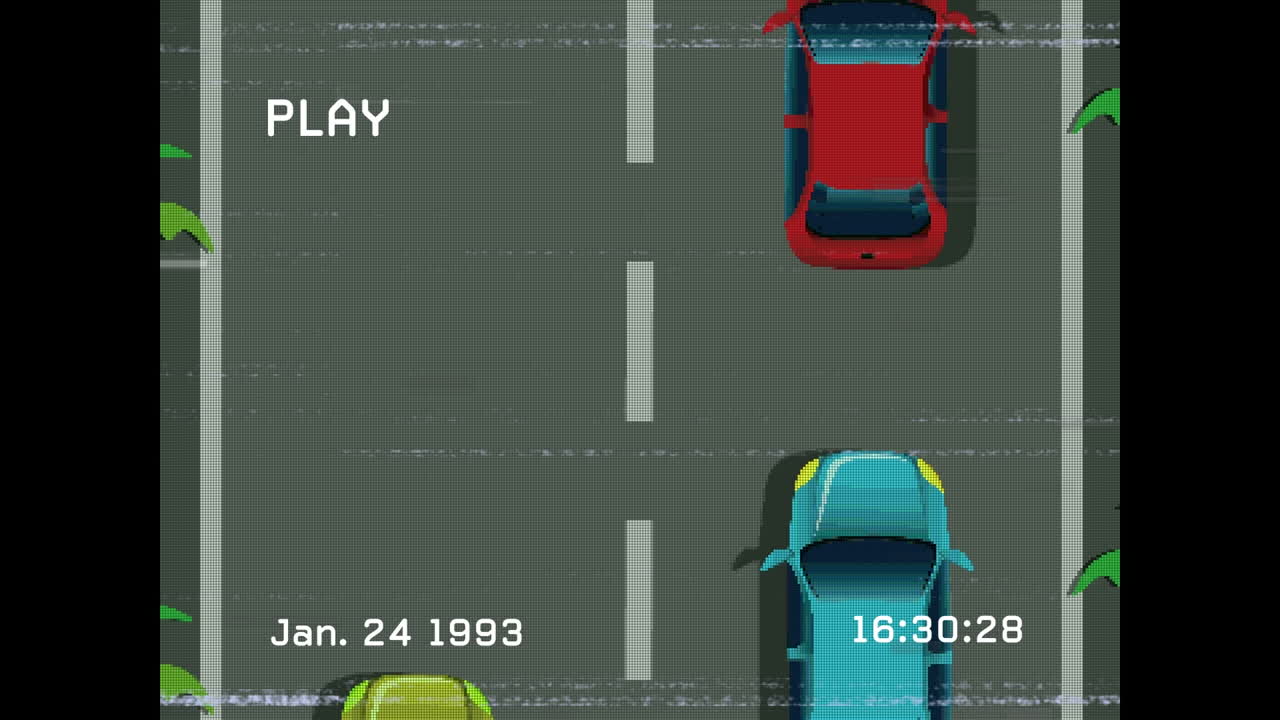 Animation of play digital interface over screen with car race game in background