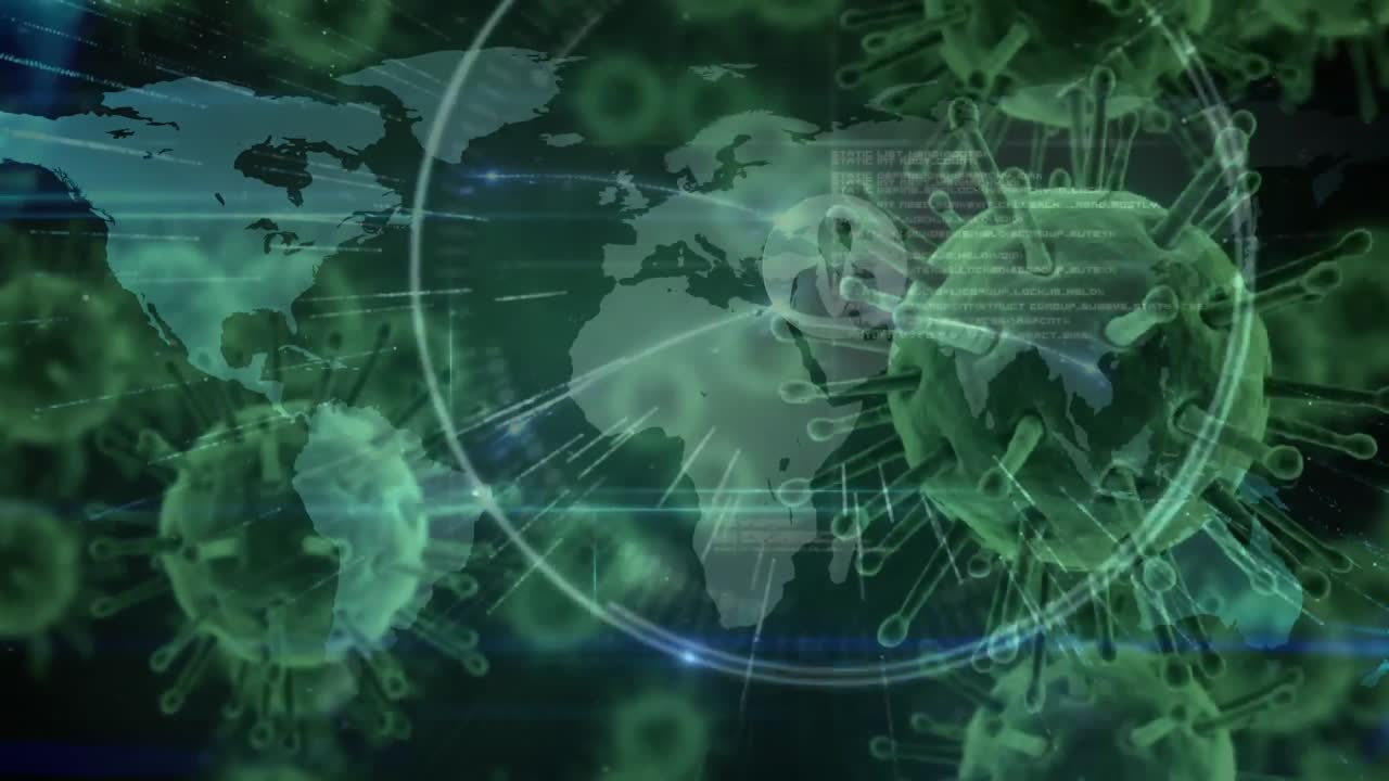세계 지도에 퍼지는 거대 코로나바이러스 코로나19 세포의 애니메이션