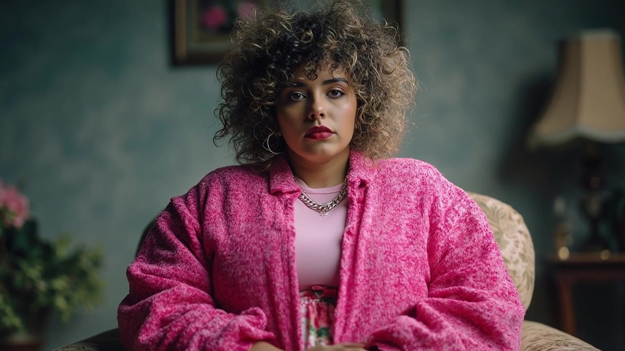 Curly haired woman in a pink cardigan sitting in an armchair and adjusting her jacket