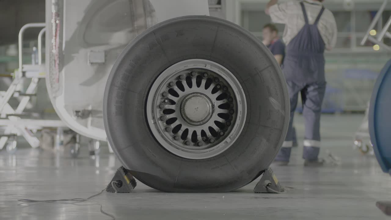 mantenimiento de las ruedas del avión en el hangar