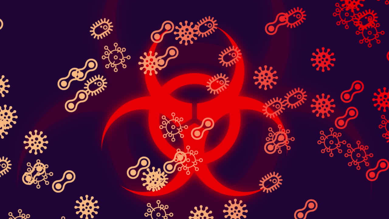 animación digital de los iconos de las células de covid-19 flotando contra el símbolo de peligro biológico en fondo azul