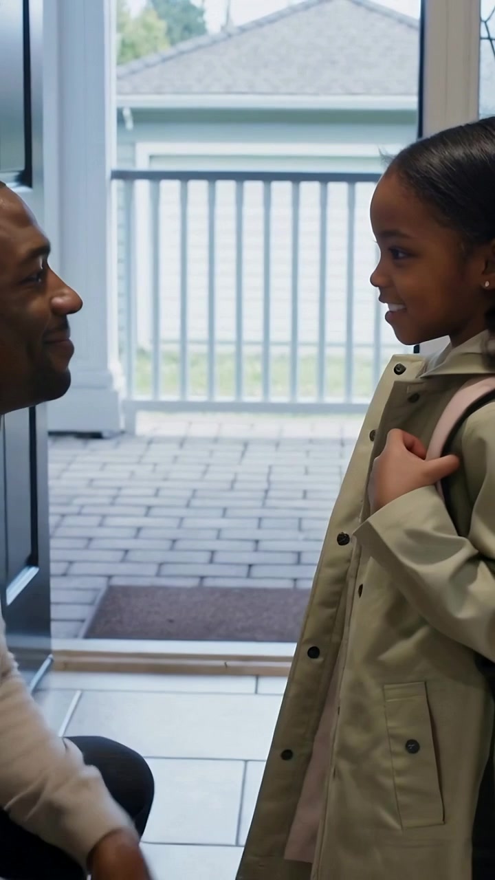 Vertical video: Kneeling dad adjusting girl's coat at entry, pink backpack, preparing for school