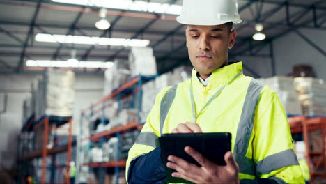 Warehouse-man,-thinking-and-inspection-on-tablet