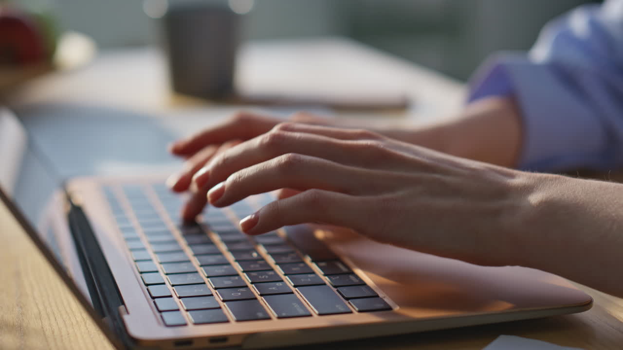 Lady fingers typing laptop at corporate workspace closeup. Unknown manager