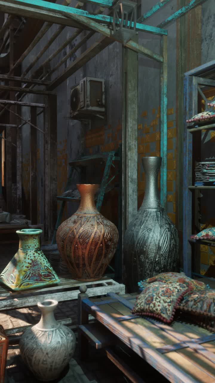 Tradizionale bottega di ceramica che espone vasi smaltati e tappeti tessuti, ambientata in un vicolo.