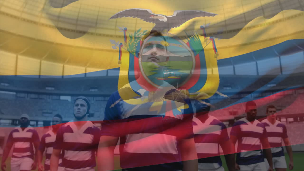 Standing with Ecuador flag in stadium, rugby players preparing for game animation