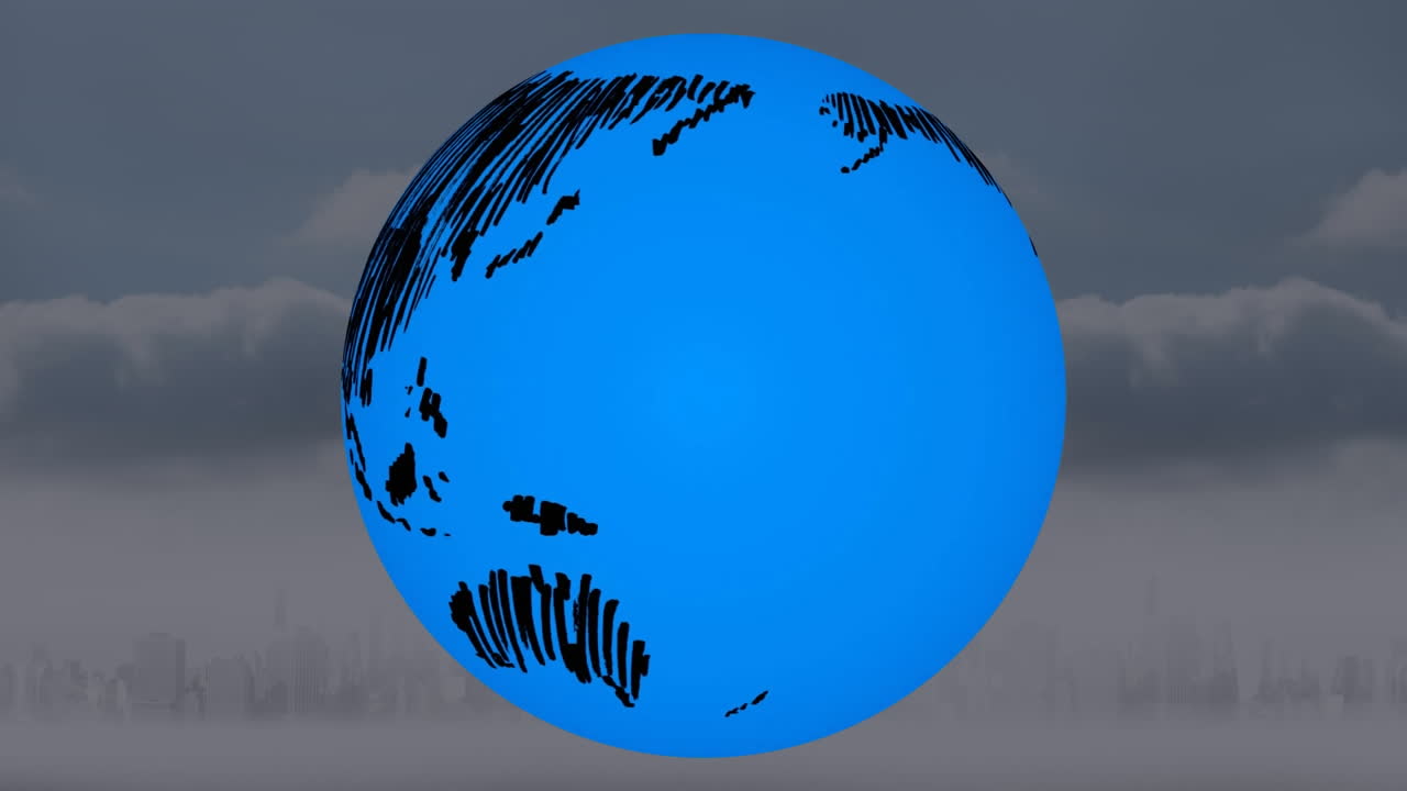 도시 풍경 위에서 회전하는 지구의 애니메이션