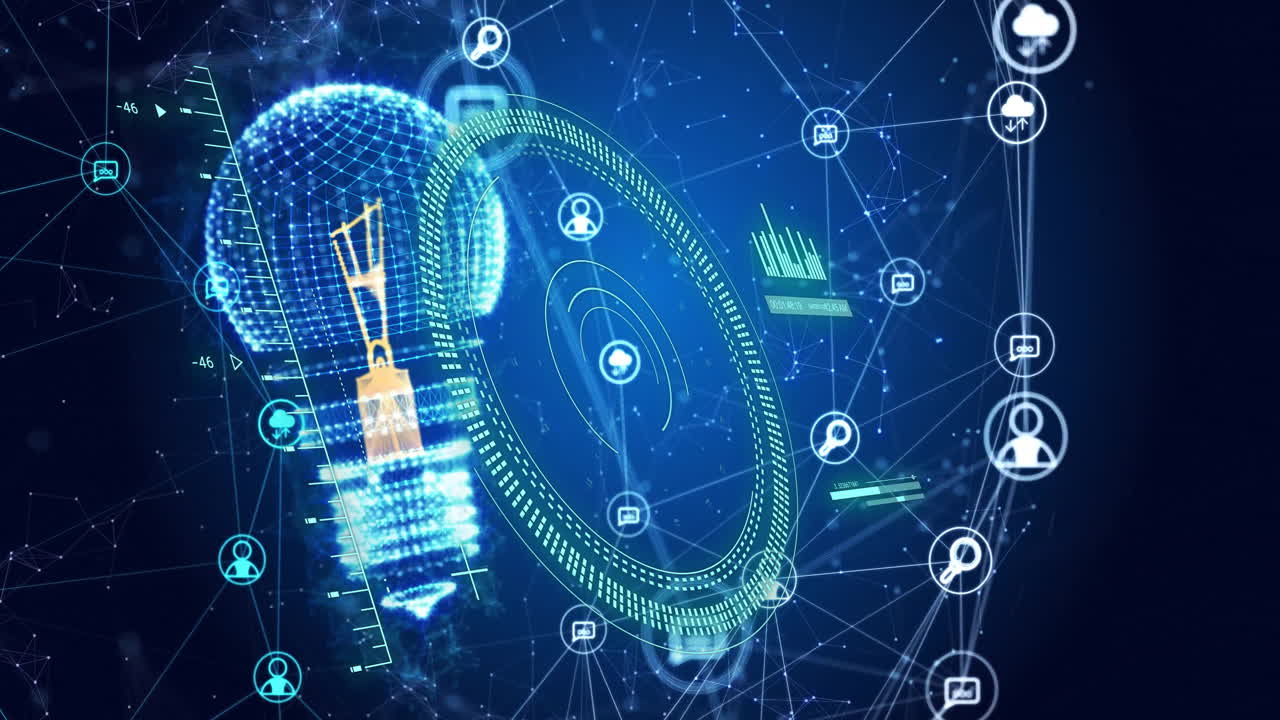 파란색 기술 배경에 디지털 네트워크 및 데이터 처리 애니메이션