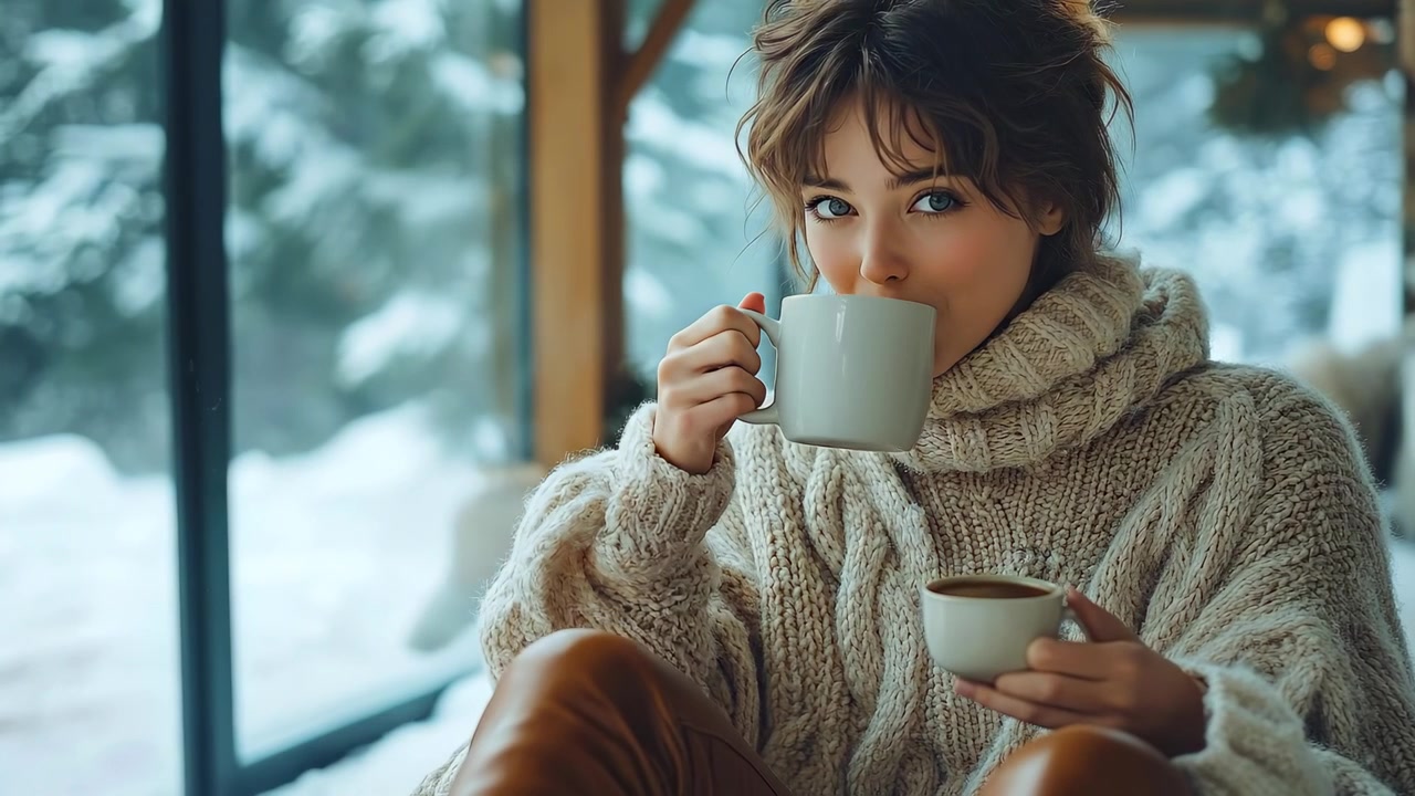 Donna sorridente che tiene una tazza di caffè in una baita invernale. Giovane donna con un maglione di lana spesso che tiene una tazza di caffè bianca al chiuso, con una foresta innevata visibile attraverso la finestra sullo sfondo