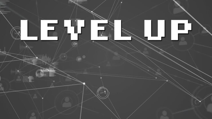 Animazione di elaborazione dati e testo "level up" su sfondo grigio