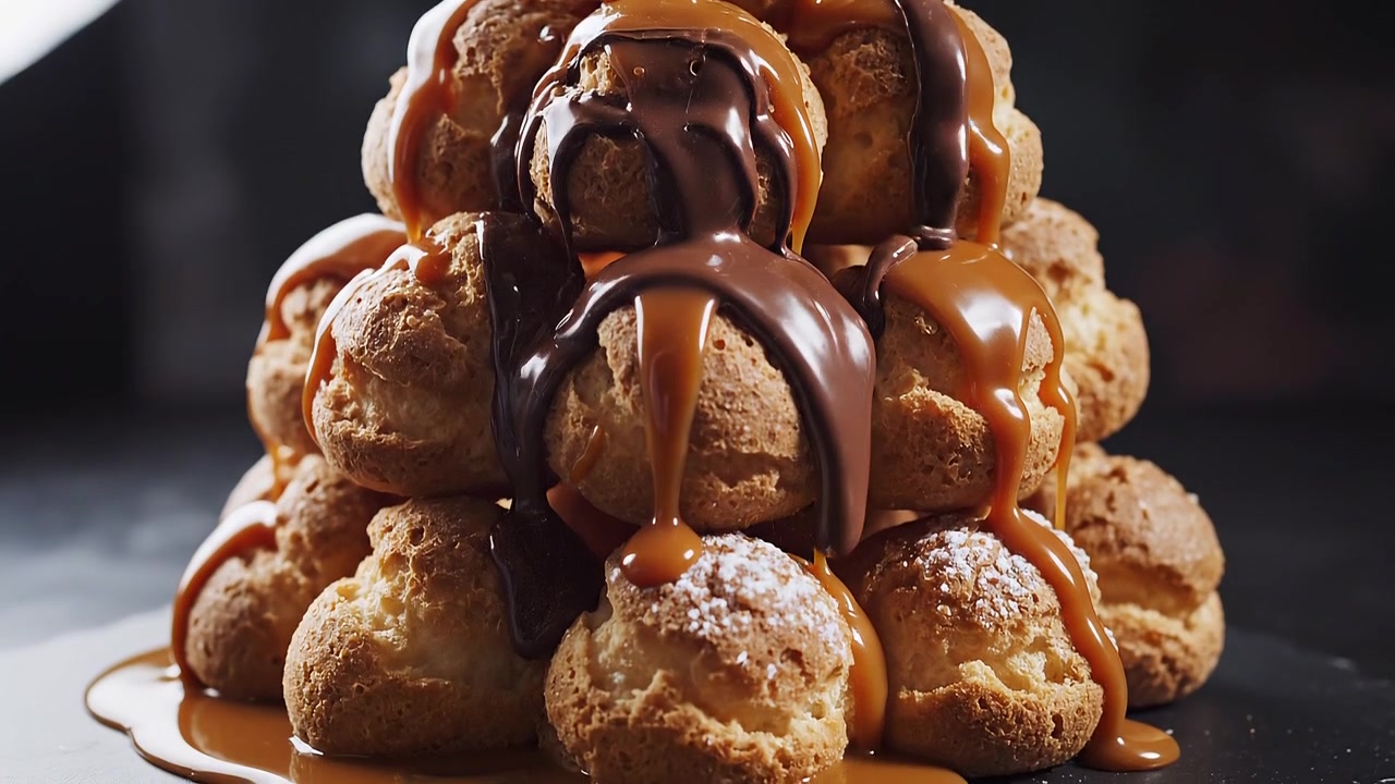 Salsa al caramello che cola su una pila di deliziosi bignè alla crema.