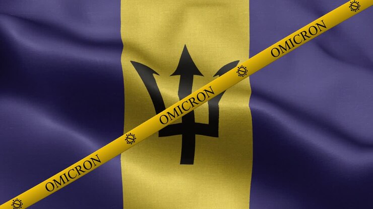 Variante Omicron e striscia di divieto sulla bandiera delle Barbados