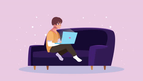 hombre que usa una computadora portátil trabaja en casa animación de campaña