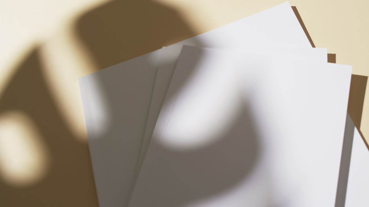 Video of shadow of plant over books with blank white pages and copy space on yellow background