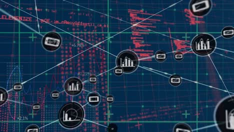 Animation-of-network-of-connections-with-icons-over-data-processing-on-blue-background