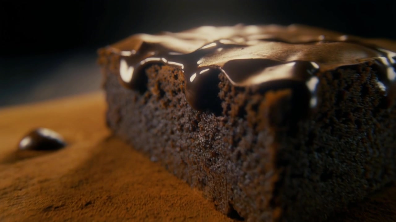 Primo piano di un ricco brownie al cioccolato con ganache fusa