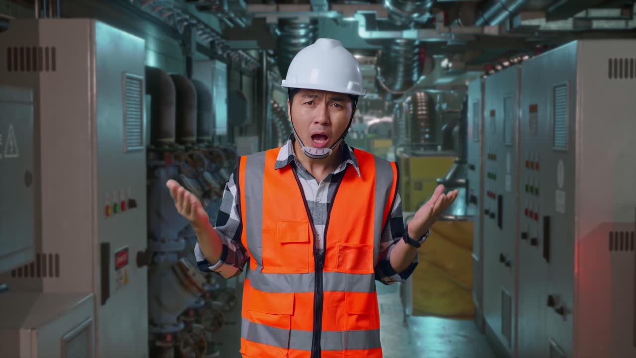 Wondering Asian Male Engineer With Safety Helmet Saying Why Working Doubtfully In Engine Control Room, Work Of Electrical Generators