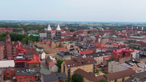 Aerial-video-of-central-Lund-in-Scania-County,-Sweden