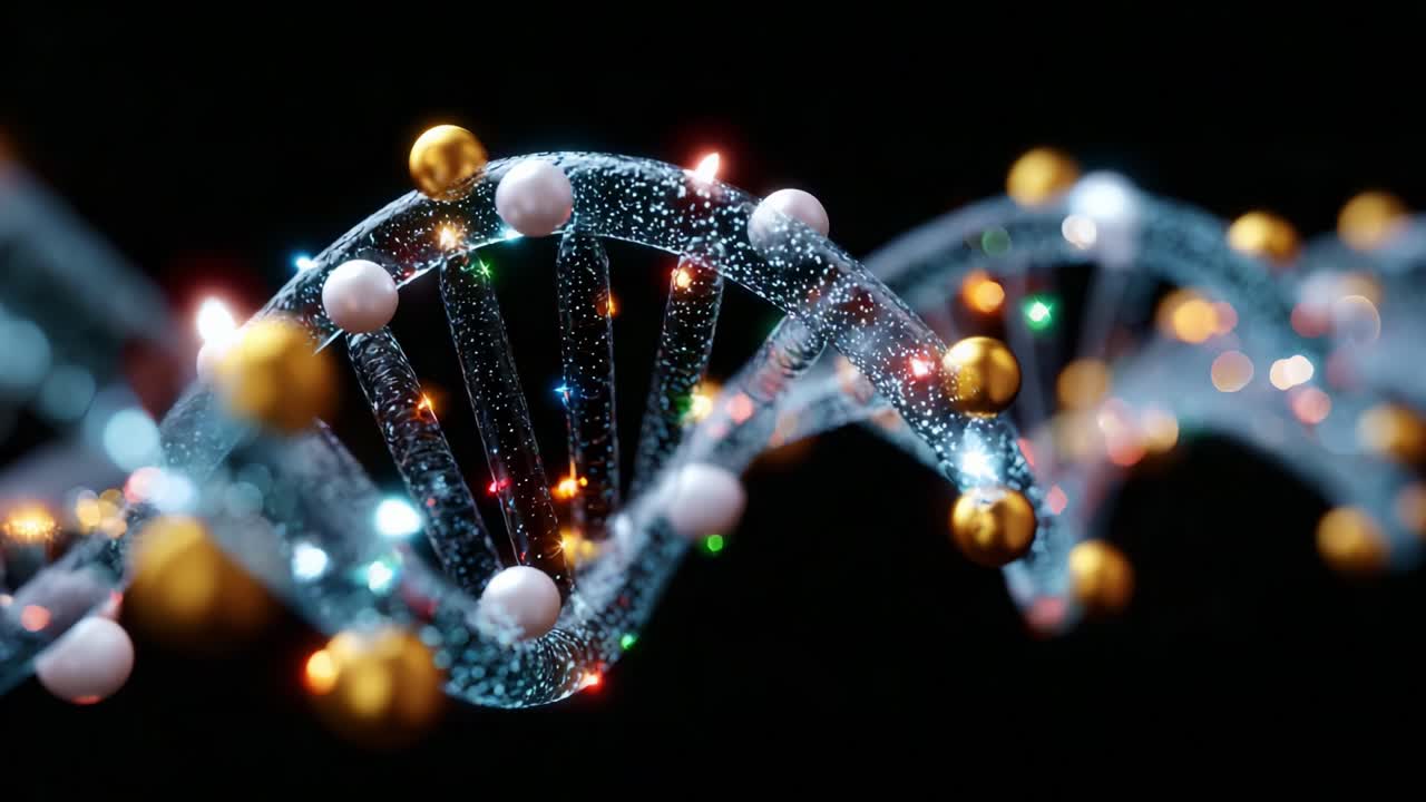 A Stunning Visualization of the Double Helix Structure of DNA, Showcasing the Intricate Details of Nucleotide Components with Brilliant Lighting Effects in High Resolution Against a Dark Background