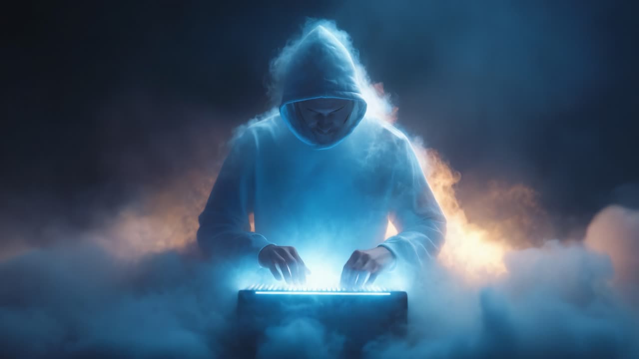 A hooded figure engineered in digital mist interacts with a luminous keyboard, surrounded by dynamic cloud formations that evoke a sense of mystery and technological prowess