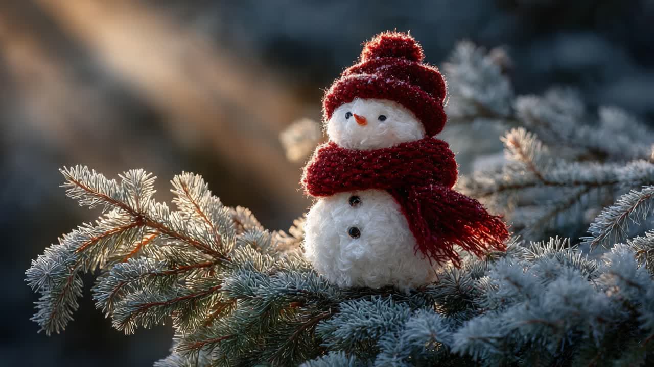 Charming Snowman Figurine Dressed in a Cozy Red Scarf and Hat, Surrounded by Frosty Evergreen Branches Under Soft Golden Sunlight