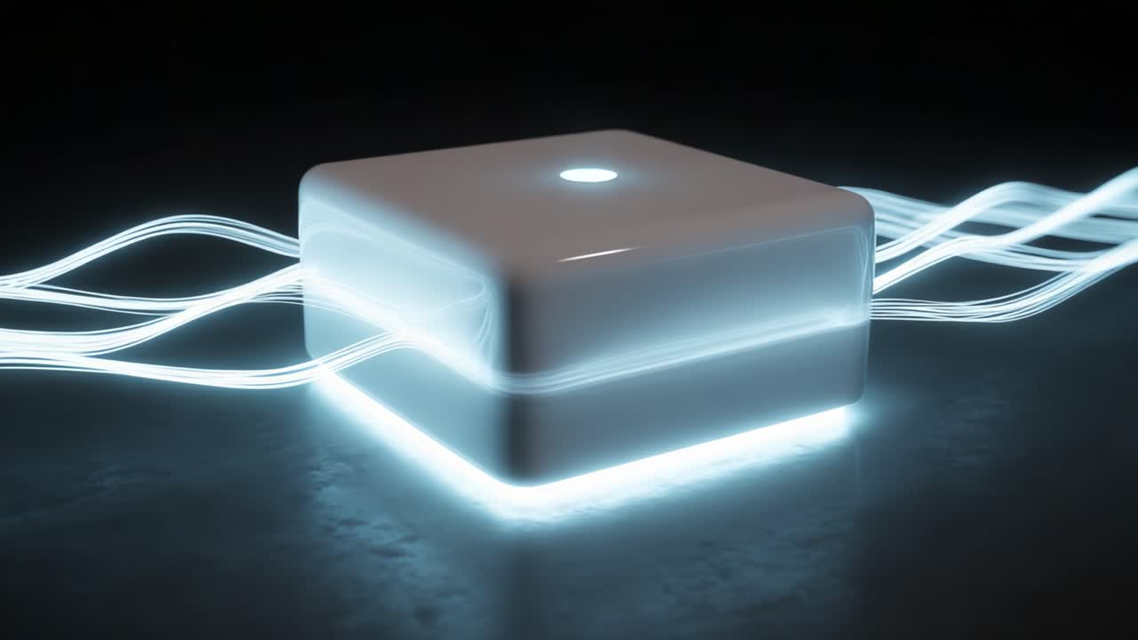 A Futuristic Glowing Cube Emitting Light Waves: Exploring the Intersection of Technology and Creativity Through Modern Digital Art in a Dark Environment