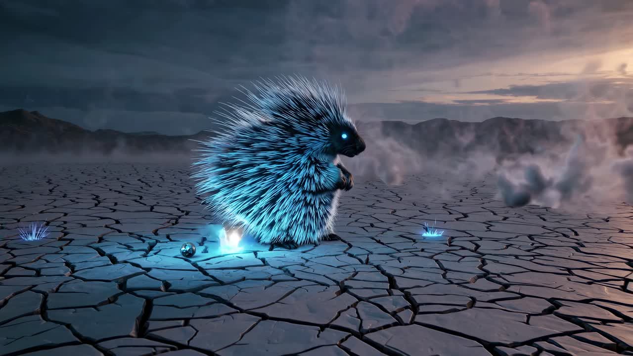 Mystical Porcupine in a Cracked Desert Landscape