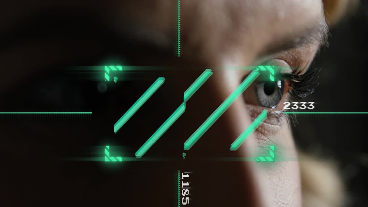 Woman holding steady gaze while system starting eye scan for tech, green overlays shifting numbers