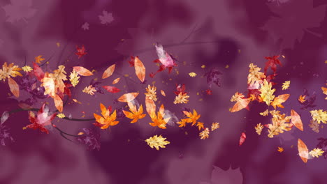 purple autumn background with swirl of yellow leaves spinning in the wind. tree branches. looped drawn animation.