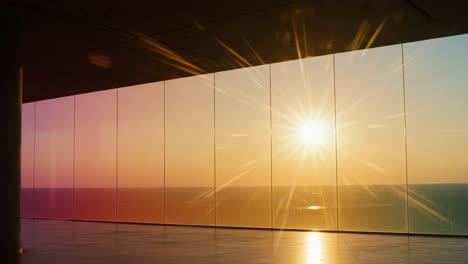 a breathtaking sunset over the ocean through floor-to-ceiling glass windows, showcasing vibrant colors and a tranquil atmosphere in a contemporary space