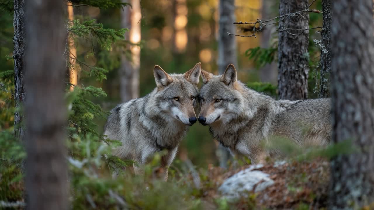 A Pair of Wolves Bonding in the Forest: Captivating Moments of Nature's Intimacy Captured in Serene Woodland Setting