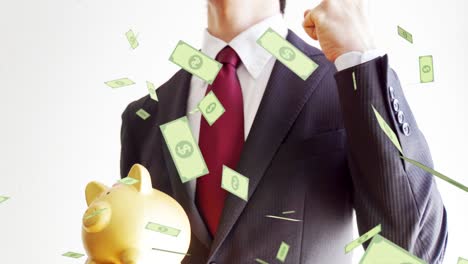 hombres de negocios y dinero volando en el aire.