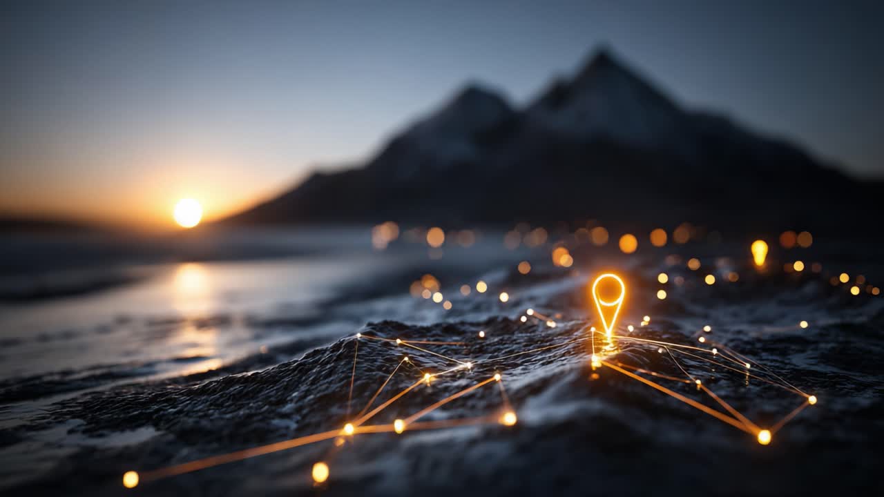 A Glimmering Landscape: Reimagining Connectivity and Navigation with Illuminated Points of Interest Against a Majestic Mountain Backdrop at Sunset