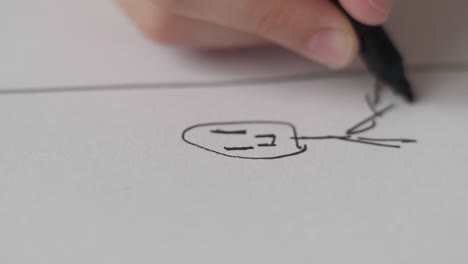 closeup of a kid's hand doodling on a white paper with a black marker