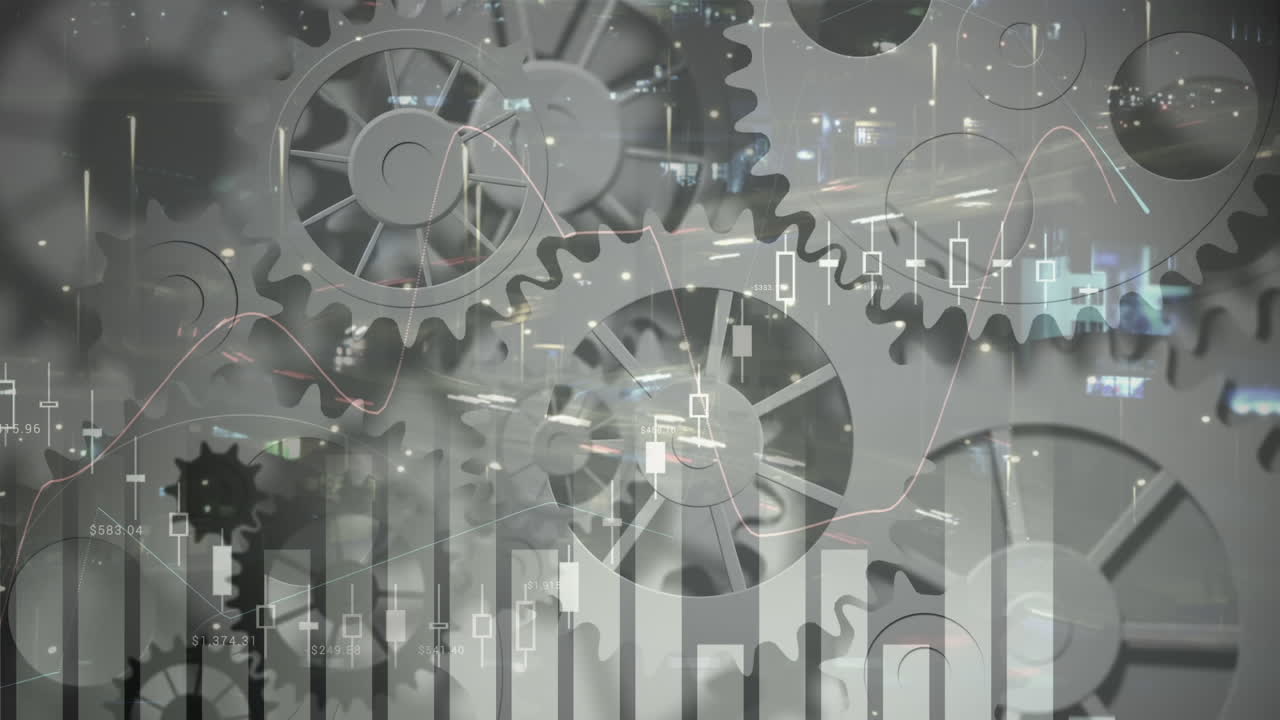 анимация графиков по вращающимся шестеренкам в сером цвете