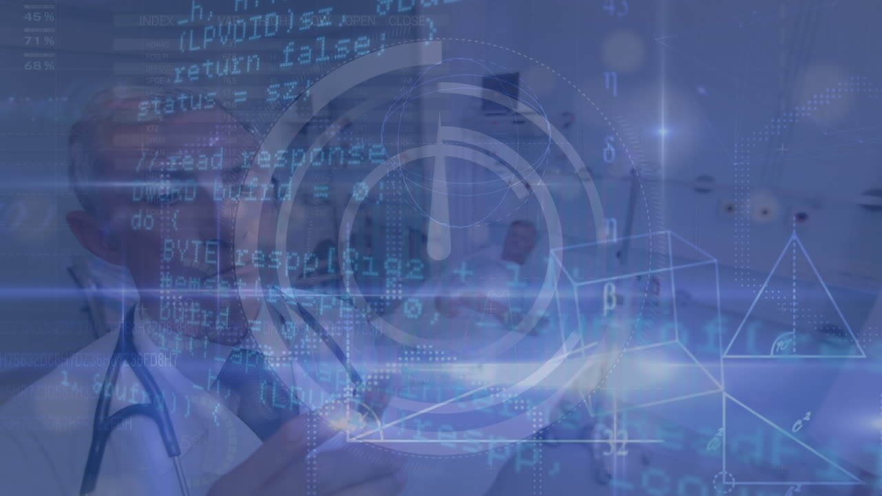 Animation of moving clock and data processing over caucasian male doctor