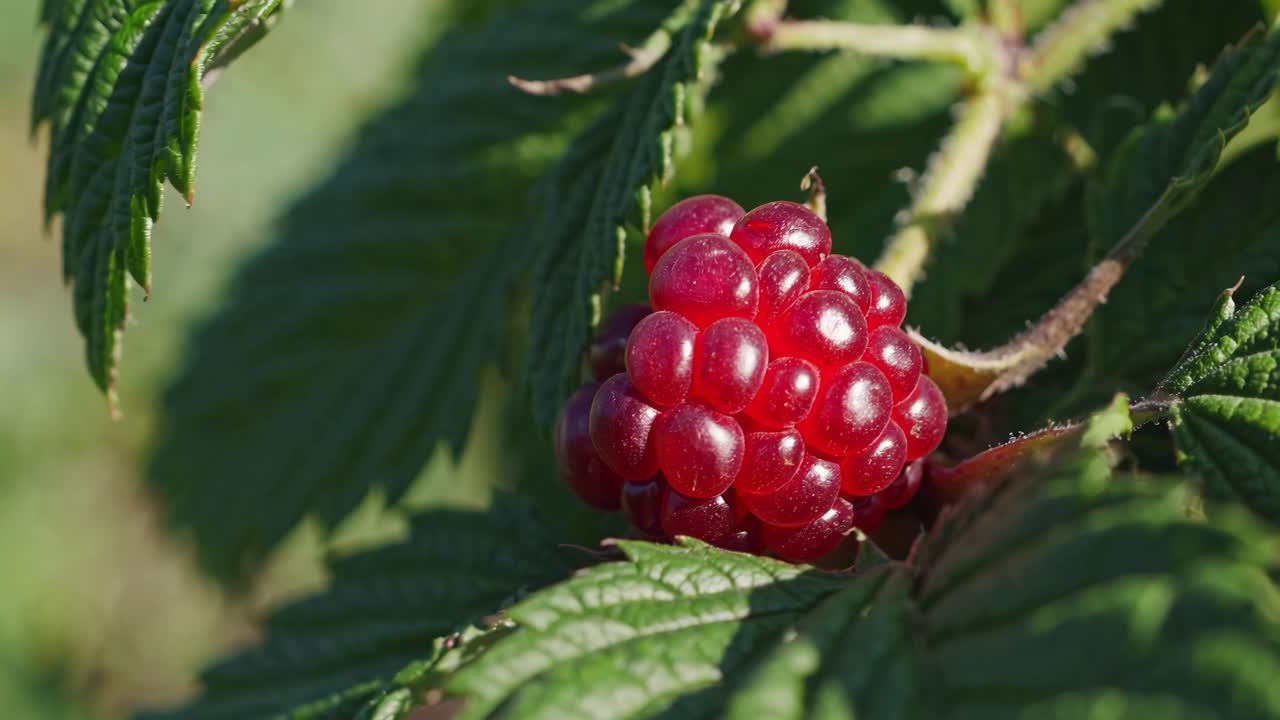 Close-up video of a ripe raspberry on a bush, captured from a low angle