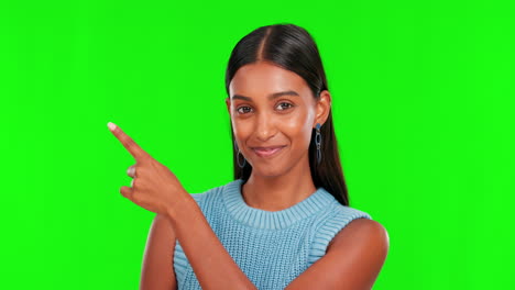 Green-screen,-face-and-woman-pointing-to-mockup