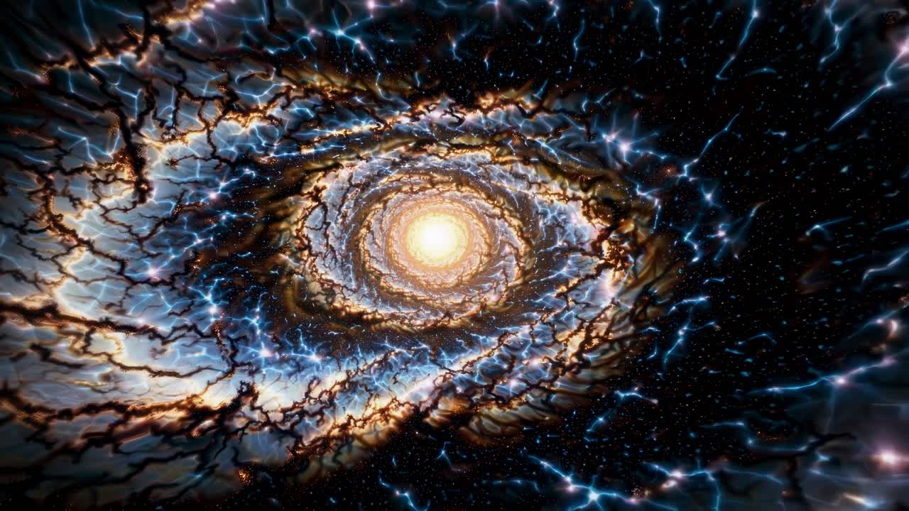 A mesmerizing spiral galaxy with electric veins, captured from a top-down angle, resembling a cosmic