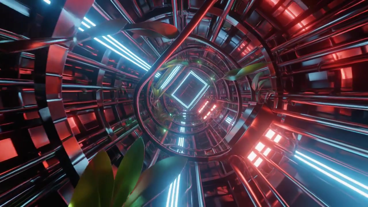Tunnel cyberpunk futuristico con luci luminose e piante sospese