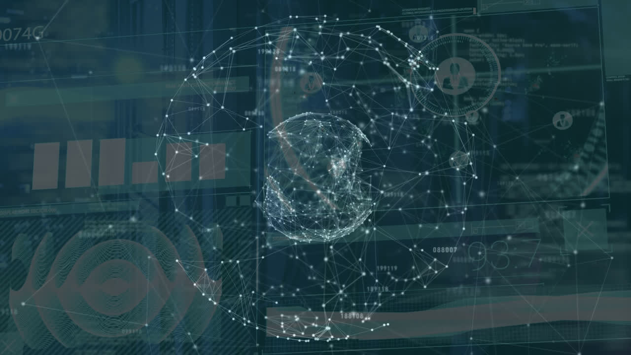 Animation of network of connections and data processing over server room