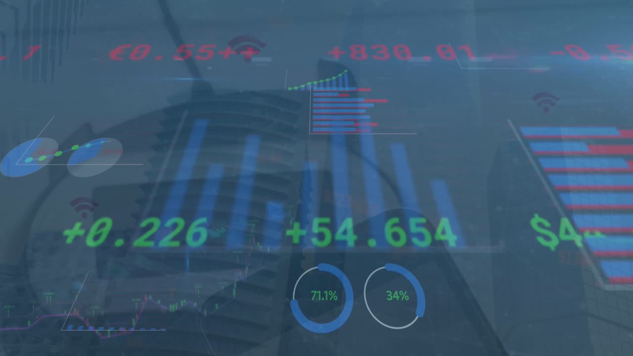 animazione dell'elaborazione dei dati finanziari su moderni edifici per uffici