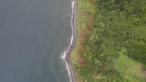 Von-Oben-Nach-Unten-Luftaufnahme-Der-Felsigen-Küste-Entlang-Der-Insel-São-Jorge,-Azoren