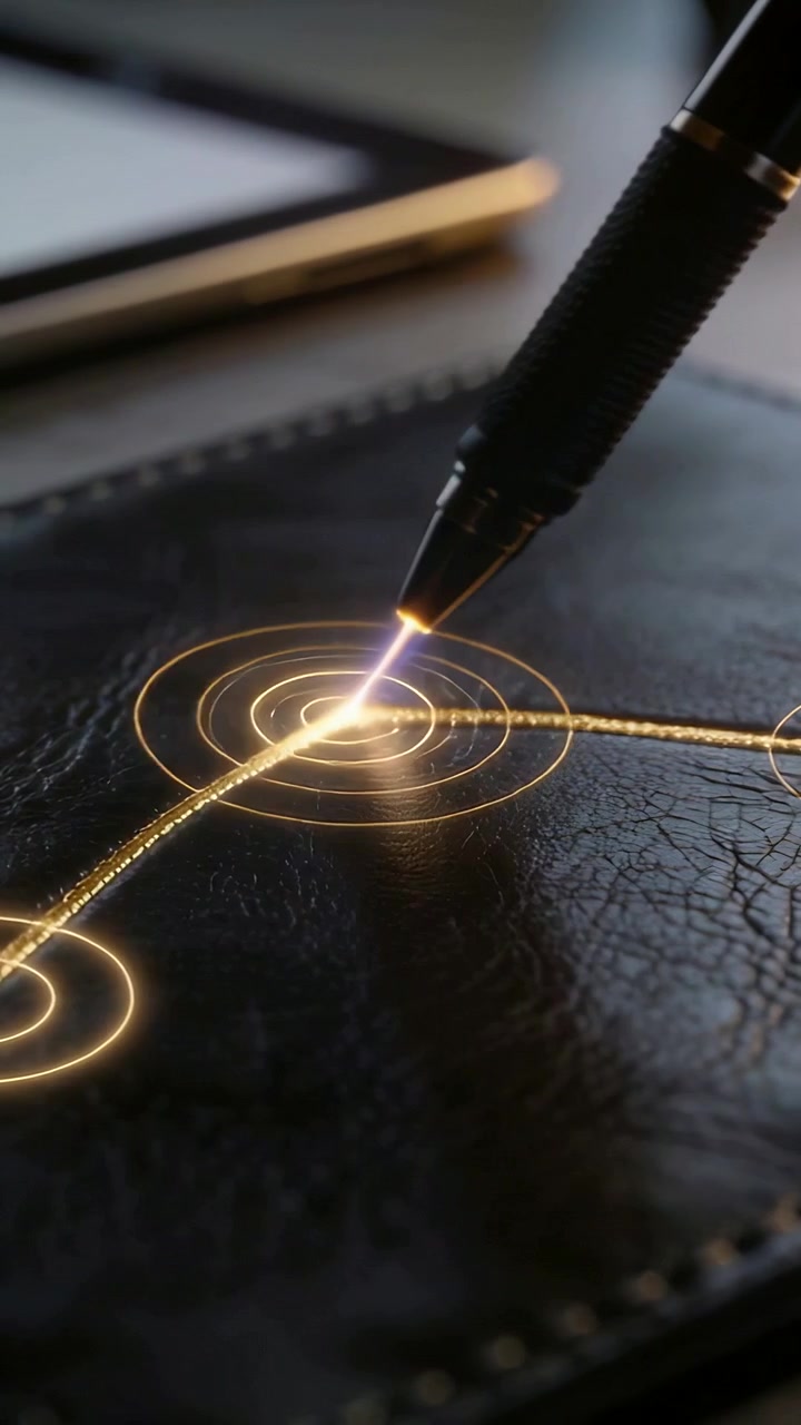 Vertical video: Contacting stylus sewing gold line and ripples on black leather cover linking nodes