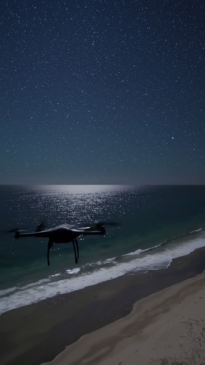 Drone at Night Over the Ocean Beach