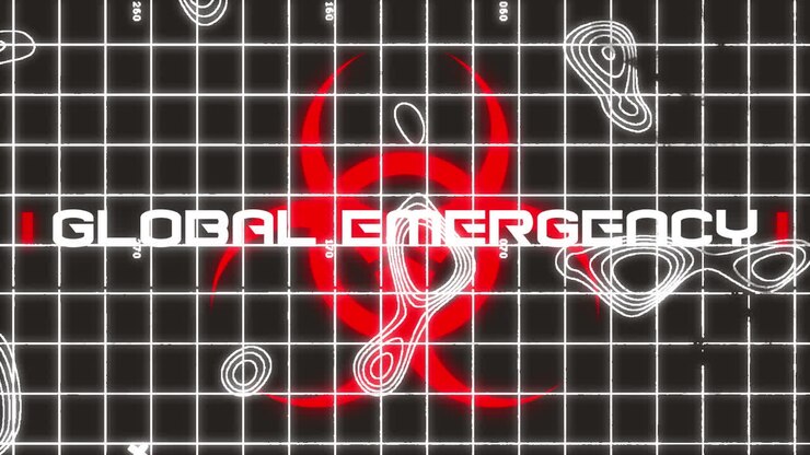 Animation of global emergency text over warning sign on black background